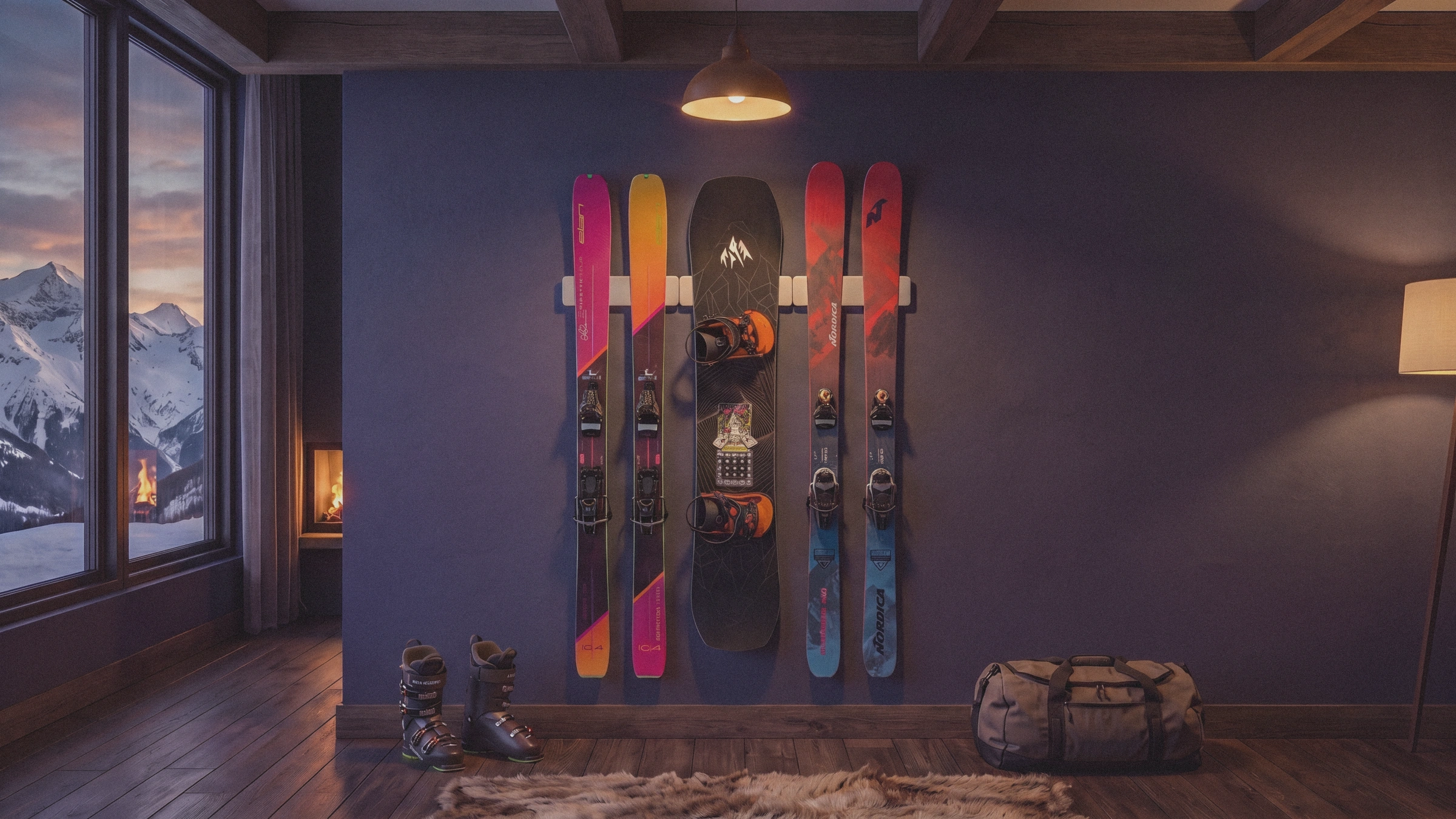 Two pairs of skis and a snowboard on Alpinracks, side by side on a dark wall under a pendant lamp, beside a window onto mountains at sunset